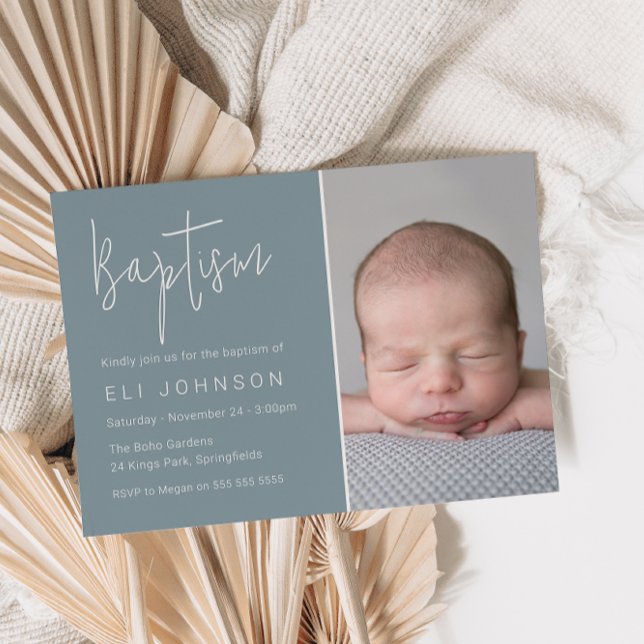 Beautiful Boy Photo Dusty Blue Baptism Invitation (Creator Uploaded)