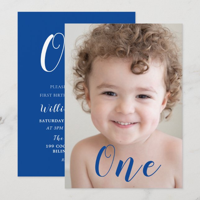 Beautiful Boys 1st Birthday Party Photo Blue Invitation (Front/Back)