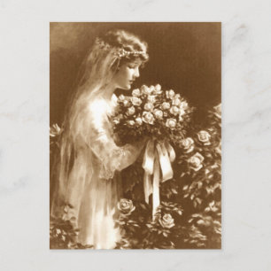 Beautiful bride with a rose bouquet postcard