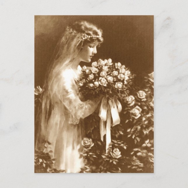 Beautiful bride with a rose bouquet postcard (Front)