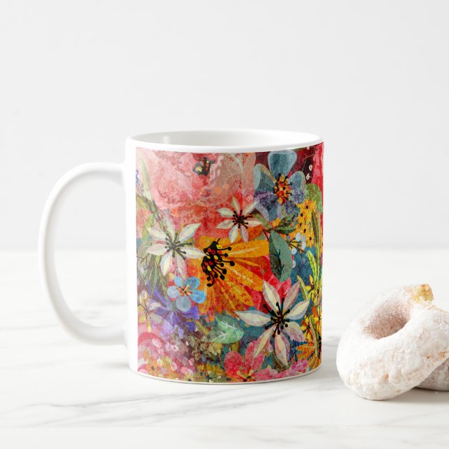 Beautiful Bright Colourful Abstract Floral Pattern Coffee Mug (With Donut)