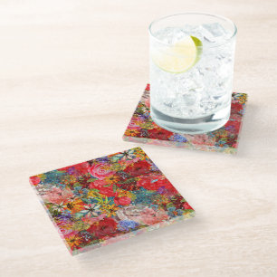 Beautiful Bright Colourful Abstract Floral Pattern Glass Coaster