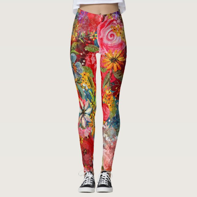 Beautiful Bright Colourful Abstract Floral Pattern Leggings (Front)
