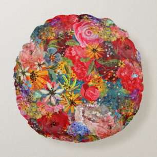 Beautiful Bright Colourful Abstract Floral Pattern Round Pillow