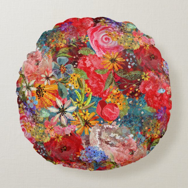 Beautiful Bright Colourful Abstract Floral Pattern Round Pillow (Front)