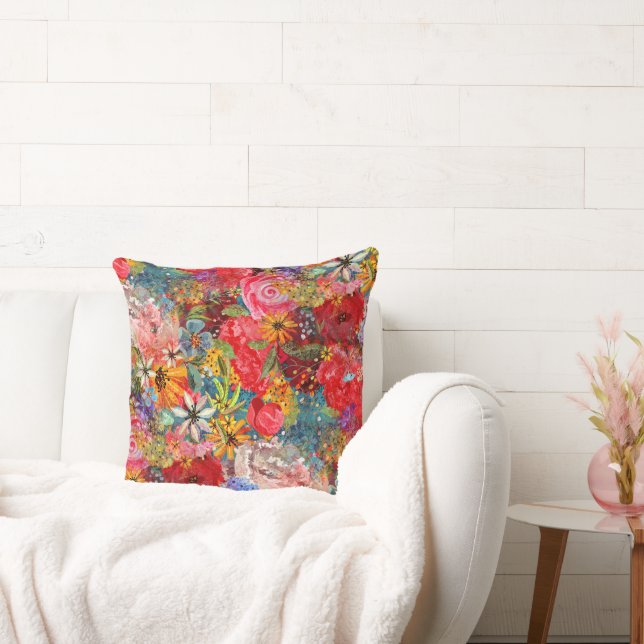 Beautiful Bright Colourful Abstract Floral Pattern Throw Pillow (Couch)
