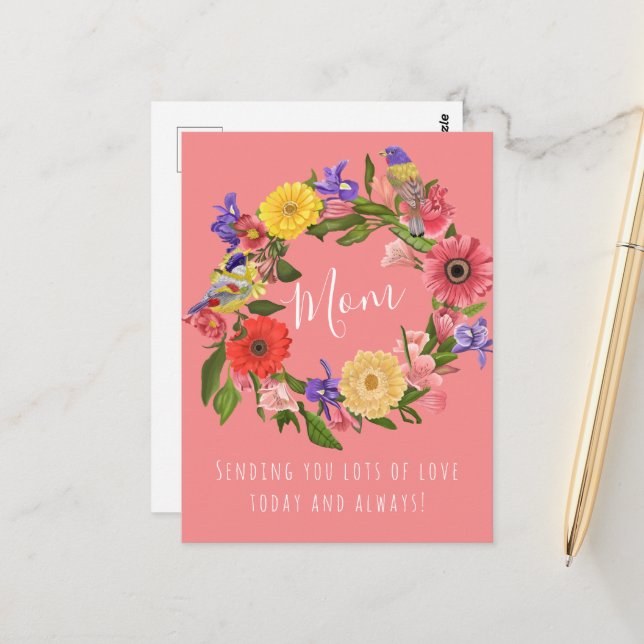Beautiful Bright Floral Wreath Happy Mother's Day  Postcard (Front/Back In Situ)
