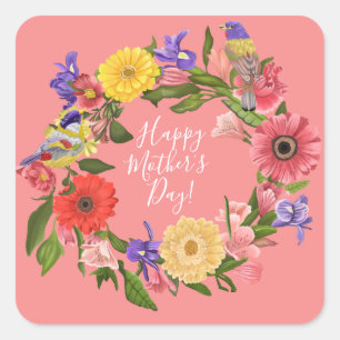 Beautiful Bright Floral Wreath Happy Mother's Day  Square Sticker