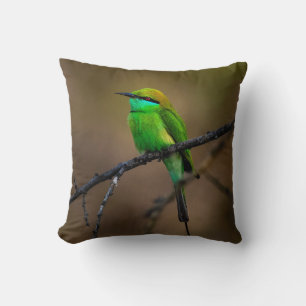 Beautiful Bright Green Bird on a Thin Twig Throw Pillow