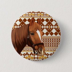 Beautiful Brown horse on Earthy Geometric Pattern  2 Inch Round Button