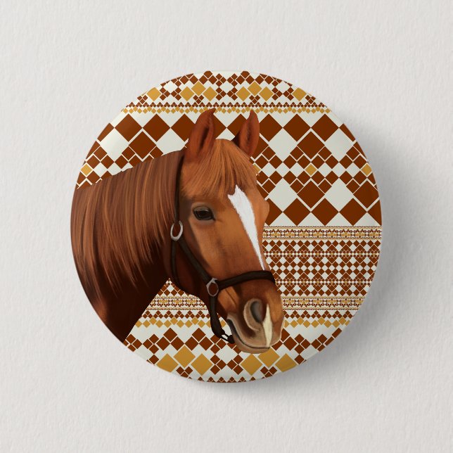 Beautiful Brown horse on Earthy Geometric Pattern  2 Inch Round Button (Front)