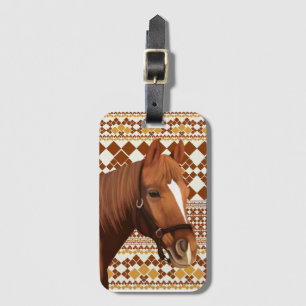 Beautiful Brown horse on Earthy Geometric Pattern  Luggage Tag