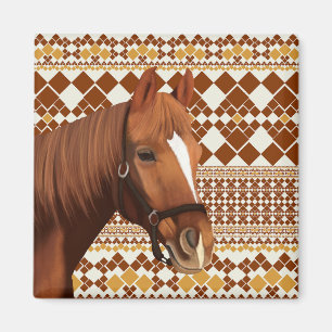Beautiful Brown horse on Earthy Geometric Pattern Magnet