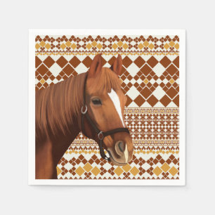 Beautiful Brown horse on Earthy Geometric Pattern  Napkin