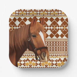 Beautiful Brown horse on Earthy Geometric Pattern  Paper Plate