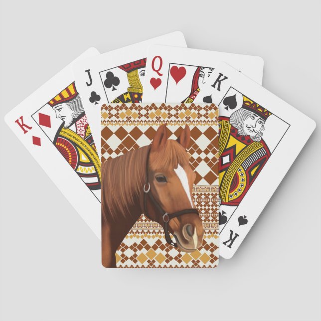 Beautiful Brown horse on Earthy Geometric Pattern  Playing Cards (Back)