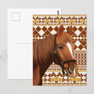 Beautiful Brown Horse on Earthy Geometric Pattern Postcard