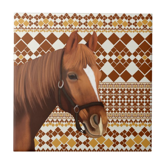 Beautiful Brown horse on Earthy Geometric Pattern  Tile (Front)