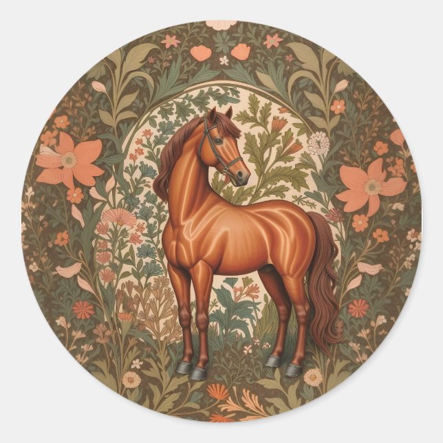 Beautiful Brown Horse William Morris Inspired  Classic Round Sticker (Front)