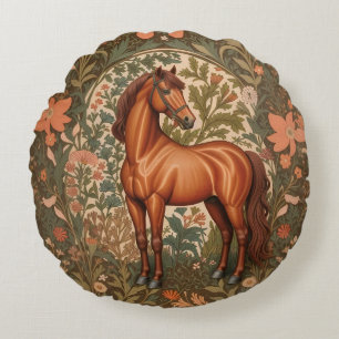 Beautiful Brown Horse William Morris Inspired Round Pillow