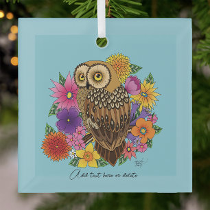 Beautiful Brown Owl Colourful Flower Bouquet Glass Ornament