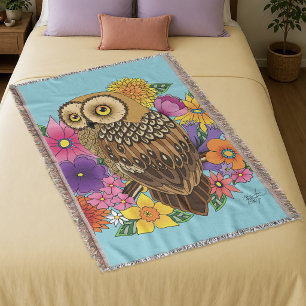 Beautiful Brown Owl Colourful Flower Bouquet Throw Blanket