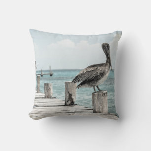 Beautiful Brown Pelicans and Blue Water Throw Pillow