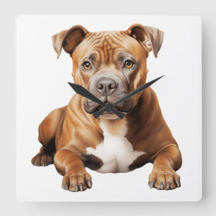 BEAUTIFUL BROWN STAFFORDSHIRE BULL TERRIER DOG SQUARE WALL CLOCK