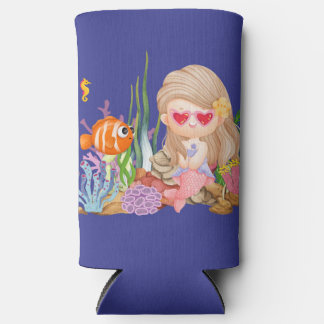 Beautiful BRUNET HAIR mermaid playing in the sea Seltzer Can Cooler
