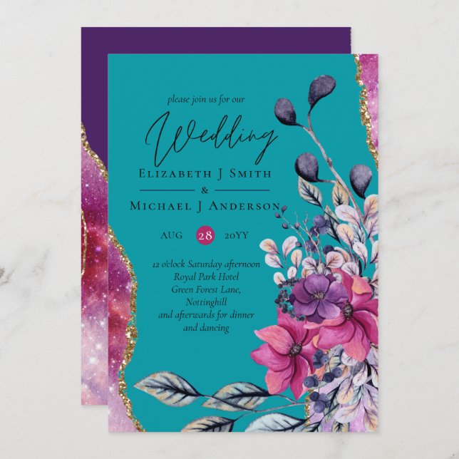 Beautiful BUDGET Pink Teal Floral Agate Wedding (Front/Back)