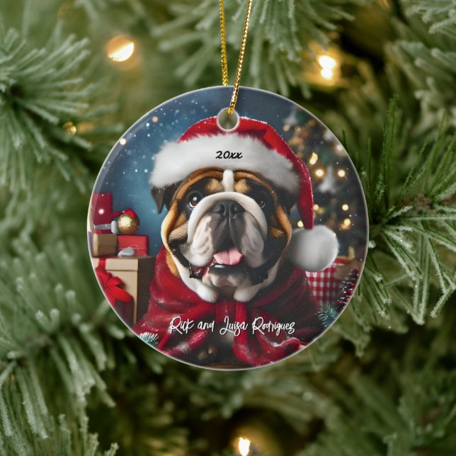 Beautiful Bulldog with Santa Hat Ceramic Ornament (Tree)