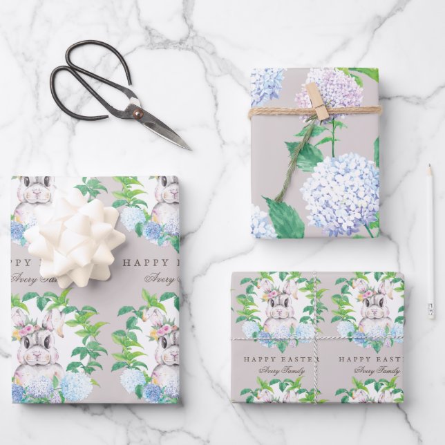 Beautiful Bunny Floral Easter Personalized Wrapping Paper Sheet (Front)