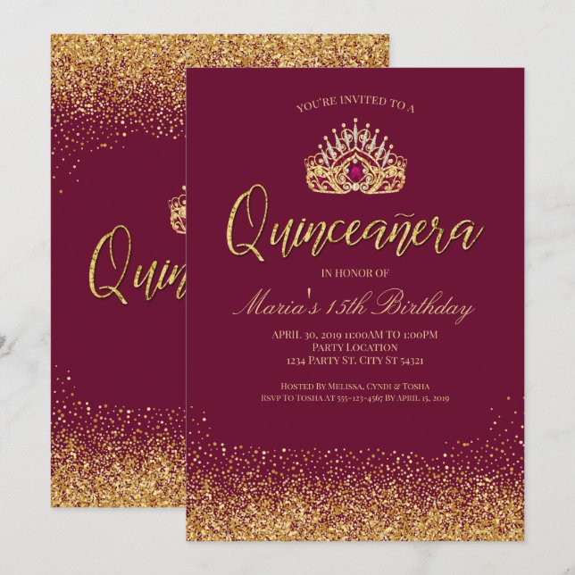 Beautiful Burgundy and Gold Quinceañera Invitation (Front/Back)