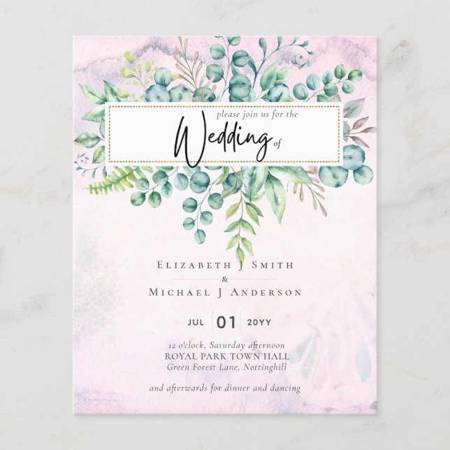 Beautiful Burgundy Blue Eucalyptus BUDGET Invite Flyer (Front)