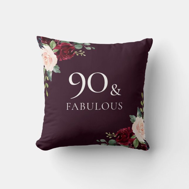 Beautiful Burgundy Blush Watercolor 90th Birthday Throw Pillow (Front)