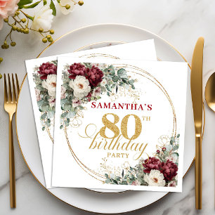Beautiful Burgundy Floral 80th Birthday Napkins