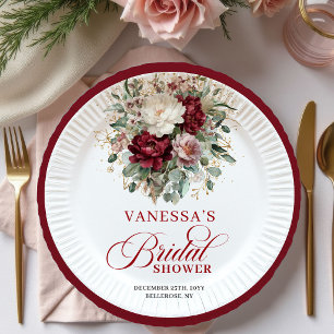 Beautiful Burgundy Floral Bridal Shower Paper  Plate
