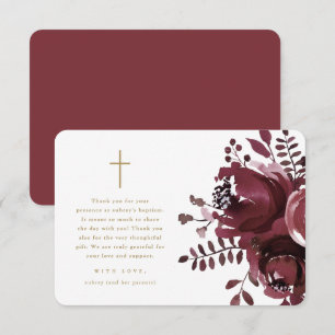 Beautiful Burgundy Floral Cross Baptism Thank You Card