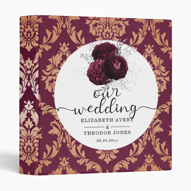 Beautiful Burgundy Floral Damask Wedding Binder (Front/Spine)
