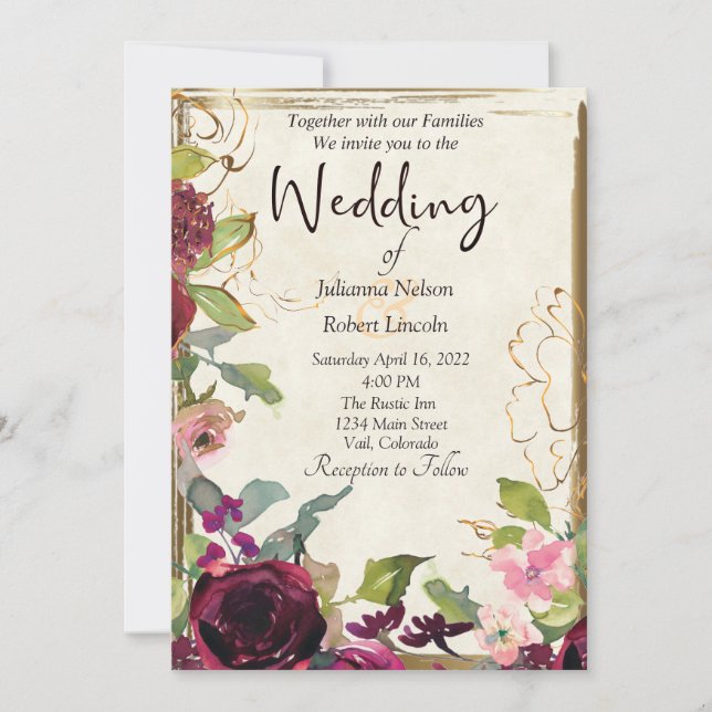 Beautiful burgundy pink and gold Wedding Invitation (Front)