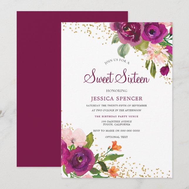 Beautiful Burgundy Pink Floral Sweet 16 Invitation (Front/Back)