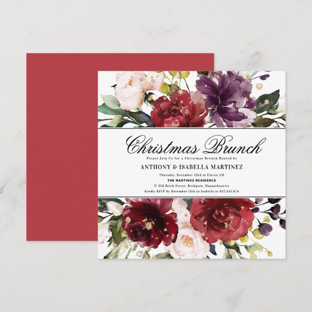 Beautiful Burgundy Red Floral Christmas Brunch Invitation (Front/Back)