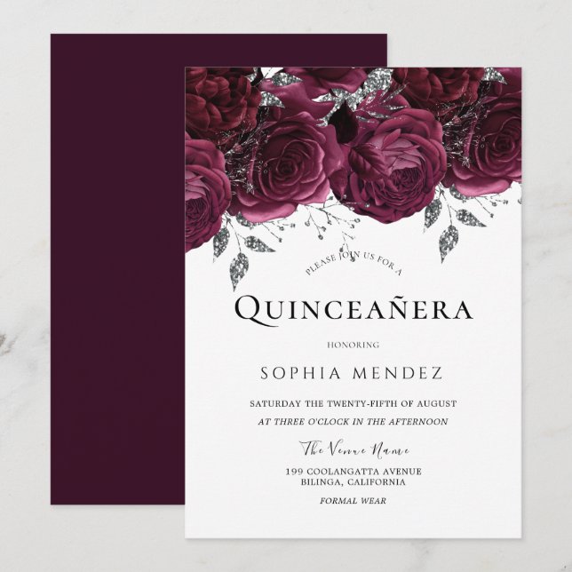 Beautiful Burgundy Roses Elegant Quinceañera Party Invitation (Front/Back)
