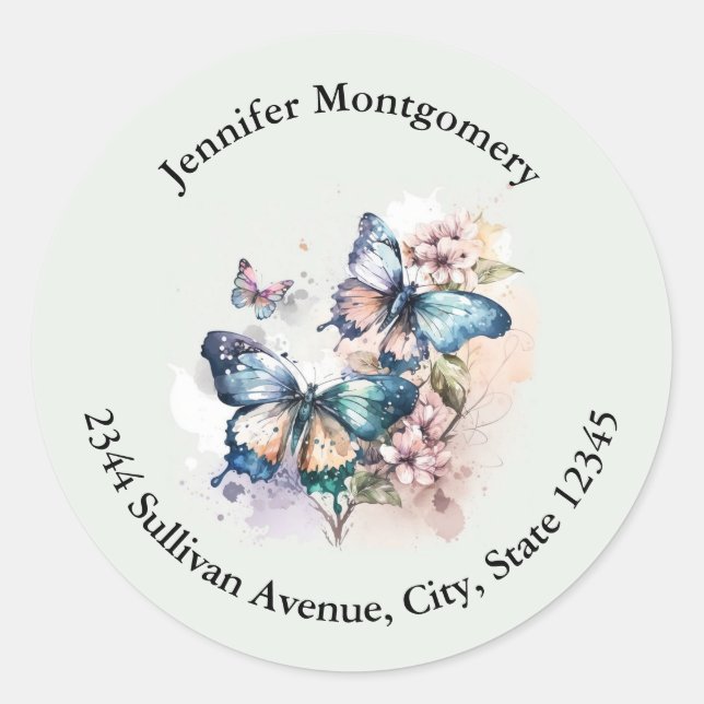 Beautiful Butterflies and Flowers Address Classic Round Sticker (Front)