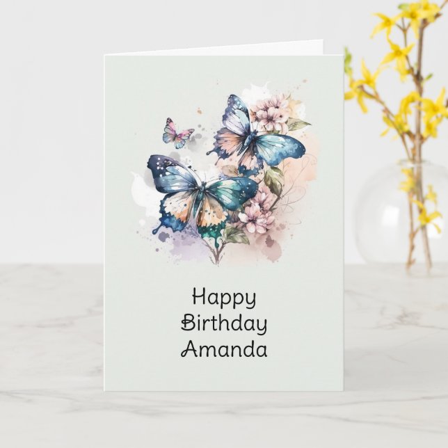 Beautiful Butterflies and Flowers Birthday Card (Yellow Flower)