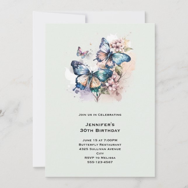 Beautiful Butterflies and Flowers Birthday Invitation (Front)