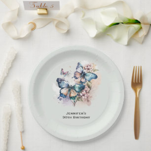 Beautiful Butterflies and Flowers Birthday Paper Plate