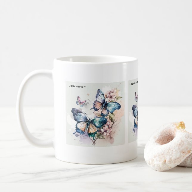 Beautiful Butterflies and Flowers Coffee Mug (With Donut)