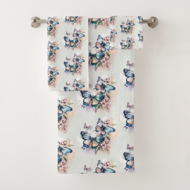 Beautiful Butterflies and Flowers Pattern Bath Towel Set (Insitu)