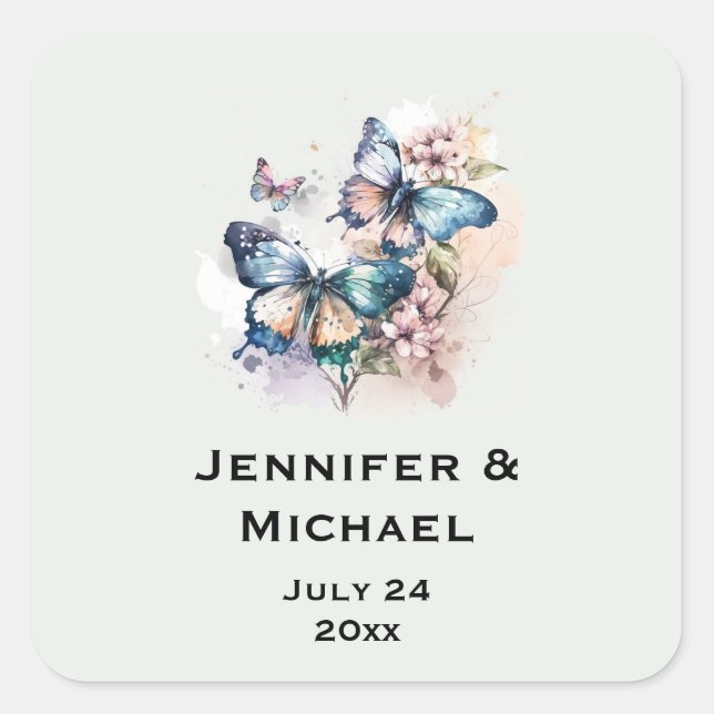 Beautiful Butterflies and Flowers Wedding Date Square Sticker (Front)